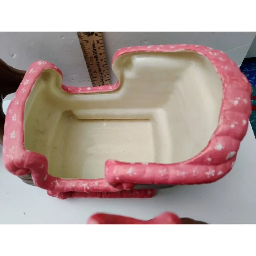 Vintage 1987 Kimple Softy Ceramic Reindeer Sleigh Set 3 Pc Quilted Pink Decor